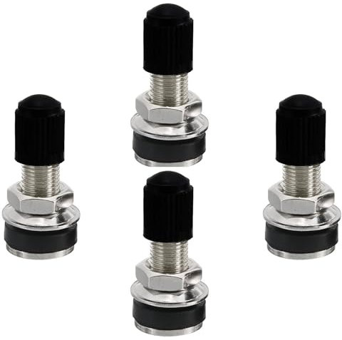 Lot de 4 valves de pneu avec bouchons anti-poussière - En métal - Sans chambre à air - Cuivre par jantes - Pour pneus de voiture et moto - Argenté/noir