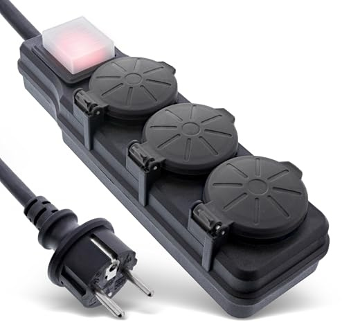 Inline 3-Fach Steckdosenleiste, Außensteckdose, Outdoor, Mehrfachsteckdose, Steckerleiste, IP44, mit beleuchtetem EIN/Aus Schalter, erhöhter Berührungsschutz, Länge: 10m, 16493Q