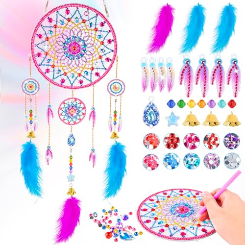 Kit d'attrape-rêves diamant pour enfants, arts et travaux manuels pour enfants de 5, 6, 7, 8, 9, 10, 11, 12 ans, cadeaux pour filles de 5 à 12 ans, carillons, attrape-soleil, jouets pour filles de 5 à