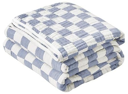 SANACYNA 100% Cotton Muslin Blanket 6-Layer Gauze Blue Checkerboard Blanket Lightweight Soft and Breathable Swaddle Blanket for Crib Couch Bed Keep Warm (Blue Checker, Baby 30x40)