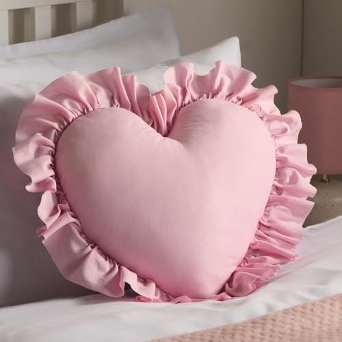 OHS Pink Heart Cushion, Soft Comfy Heart Pillow with Frills for Living Room Sofa Bedroom Valentines Day Decor Cosy MF Love Hearts Shaped Cushion - 40cm