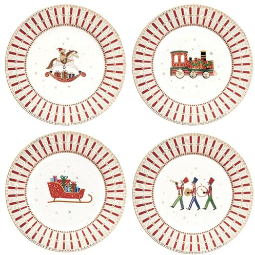 MamboCat Polar Train - Lot de 4 assiettes à gâteau avec boîte cadeau - Diamètre : 19,2 cm - Assiettes à petit-déjeuner en porcelaine avec différentes décorations de Noël pour 4 personnes - Service