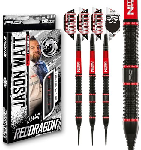 RED DRAGON Dart - professionell spelare - Jason Watt - 90 % volfram - 20 g fat/22 g totalvikt mjuk spets darttavla med fenor och dartstänger
