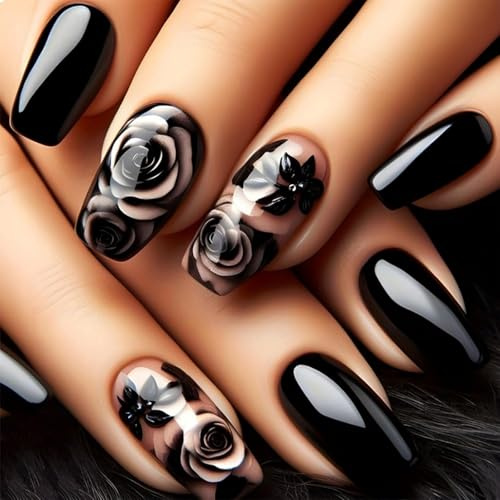 24PCS Black Press On Nails - Short Gothic Rose False Nails with 3D Embossed Design, Reusable ABS Stick On Nails with Strong Adhesive Jelly Tabs, Comfortable Fit, Durable Lightweight Salon Quality