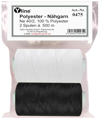 Yline - Filo da cucito per macchina da cucire, filo da cucito in poliestere, 1000 m (2 bobine), 0475-41 (bianco/bianco e nero)