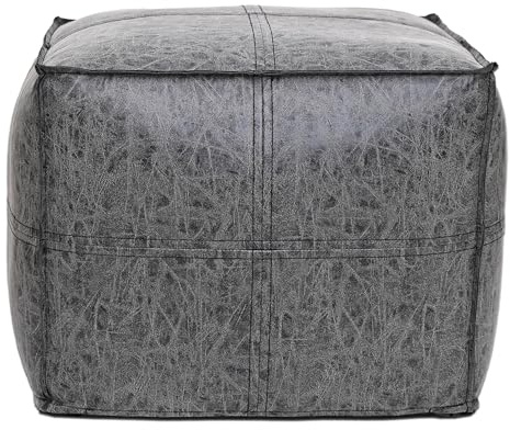 Harley Square Distressed Vegan Leather Pouf Ottoman 18x18x14 – Upholstered Foot Stool for Living Room, Bedroom & Extra Seating, Boho Accent Cube Pouf Distressed Black