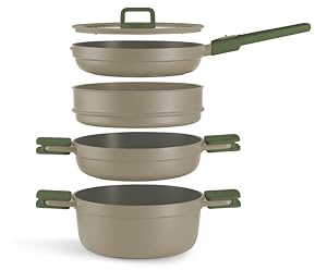 BRA Compac Pro Ceramic | Batería de cocina apilable de 5 piezas, aluminio fundido con antiadherente cerámico, compatible con todo tipo de cocinas, incluida inducción