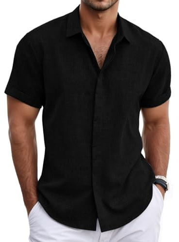 Neteson Camisa de Lino Hombre de Botones Camisa de Manga Corta Informales | Casual Top Camisas Verano Suelta Playa Color Sólido T-Shirt