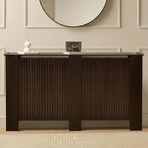 OHS Large Radiator Cover Ribbed, Modern Slatted Front MDF Cabinet Decorative Heater Cover with Top Shelf Radiator Covers for Living Room Bedroom Hallway, Dark Wood - 150 x 82 x 19cm