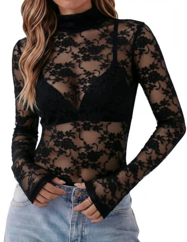 Zeagoo Womens Mesh Tops Sexy See Through T-Shirt Transparent Sheer Shirt | Long Sleeve Fitted Top Elegant Mock Neck Tshirt Festival Party Clubwear XS-XXL