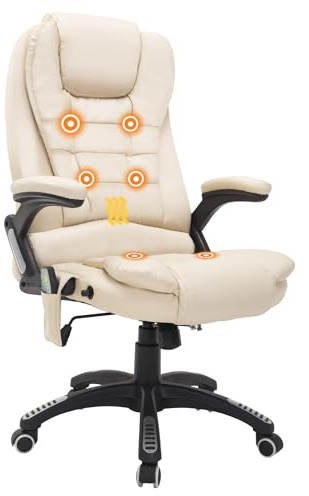 HOMCOM 6-Point Massage Office Chair with Seat Heated for Home Office, PU Leather High Back Executive Desk Chair with Adjustable Height and 360° Swivel for Work Study, Beige