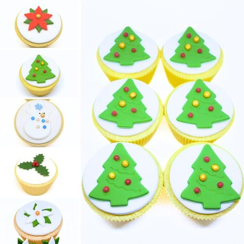 12 sapins de Noël, 12 houx, 12 bonshommes de neige ou 12 poinsettia comestibles pour décoration de gâteaux/cupcakes (12 sapins de Noël)