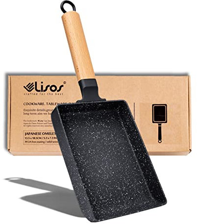 LISOS Ceramic Coating Square Frying Pan, Japanese Tamagoyaki Omelette Small Skillet, Non-Stick Rectangle Egg Roll Pan with Wood Handle