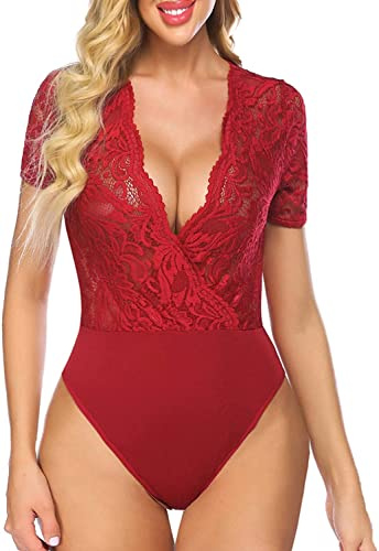 Avidlove Dam spets body sexig kortärmad bodysuit blus v-ringad nättoppar eleganta toppar med snap crotch, Mörkröd, L