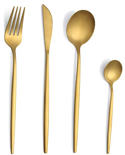 Set di posate per 6 persone – 24 pezzi oro opaco in acciaio inox – posate dorate con coltello, forchetta, cucchiaio, lavabile in lavastoviglie