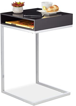 Relaxdays Beistelltisch, C-Form, HBT: 63x37x38 cm, Sofatisch zum Unterschieben, MDF & Metall, Ablagefach, schwarz/Silber