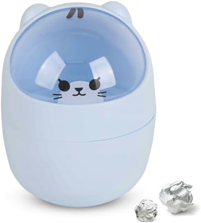 Nette Mini Desktop Mülleimer, Mülleimer Cartoon Katze Tier Form Abfalleimer Papierkorb mit Schwingendeckel Mini Countertop Mülleimer Kleine Mülleimer Portable Tabletop Mülleimer für Zuhause (blau)
