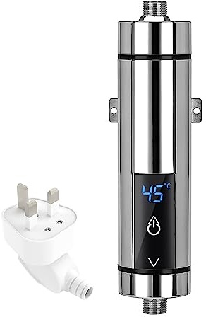 Btstil Instant Electric Water Heater, 3500W Mini Electric Water Heater, Intelligent Instantaneous Water Heater Heater with Temperature Display for Bathroom Kitchen, UK Plug (Silver)