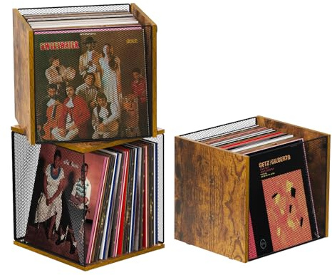 Honkazita Mueble de almacenamiento de discos de vinilo de 1 cubo, apilable de 40 a 55 pulgadas, almacenamiento de visualización, organizador de madera natural