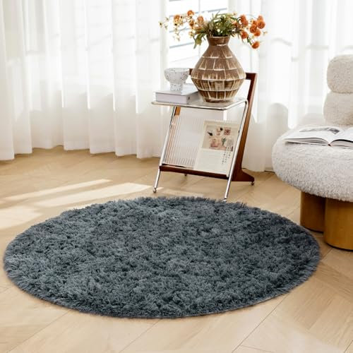 OMERAI Rund Teppich Wohnzimmer Schlafzimmer waschbarer Groß Super Weich antirutsch Grau Flauschig hochflor Shaggy Teppich (Grau,120cm Rund)