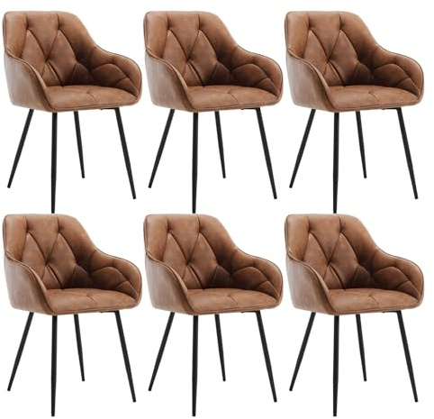 WOLTU Uppsättning med 6 matrumsstolar, köksstol, stol matsal vardagsrum, ergonomisk fåtölj, armstödsstol, stoppstol, sits av vintage-konstläder, metallben, brun, EZS03br-6