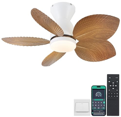 Kviflon Tropical Ceiling Fans with Lights and Remote/APP Control, 30 Inch Low Profile Flush Mount Ceiling Fans, Palm Leaf Ceiling Fan with Light for Small Room Indoor Outdoor, Wood Grain