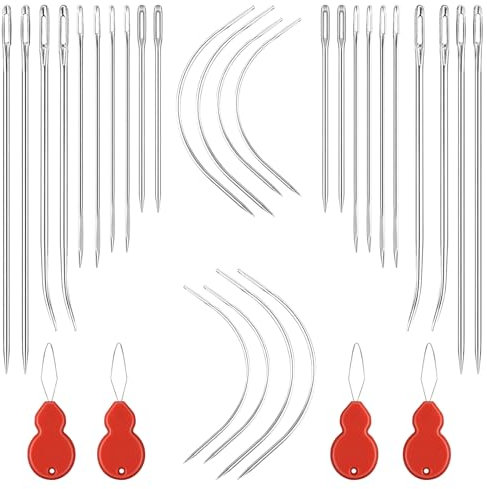 Molain 28 Stück Nähnadeln, Gebogene Nähnadel, Ledernadel Sattlergarn Ledernadeln mit 4 Stück Nadeleinfädler Leder Nähwerkzeug für Armband Schmuck Handwerk und Schmuckherstellung