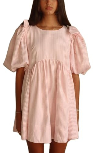 Alaurbeauty Y2k - Mini abito da donna rosa a maniche corte a sbuffo con fiocco, decorazione a righe, babydoll, Colore: rosa., S
