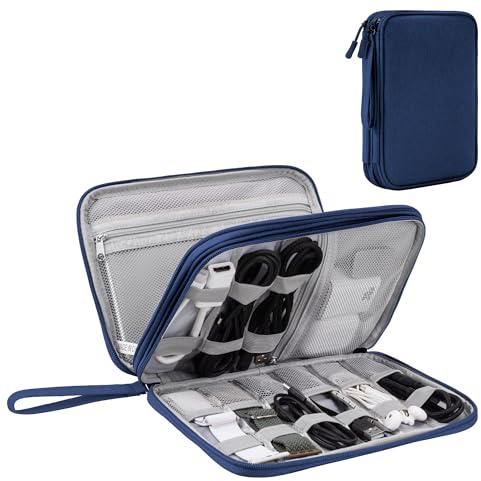 Arae Organizer Valigia per Accessori da Viaggio, Porta Cavi da Viaggio Doppio Strato con Grande Capacità per Cavi, Carte, Caricatori, Cuffie - Gadget Tech Utile per Viaggio e Zaino, L, Blu scuro