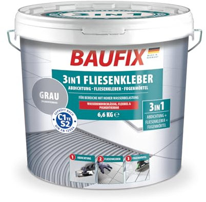 Baufix 3in1 Fliesenkleber, grau, 6,6 Kg, 2K Verbundabdichtung, Abdichtung Fliesenklebeber & Fugenmörtel in einem Produkt, wasserdicht und pigmentierbar