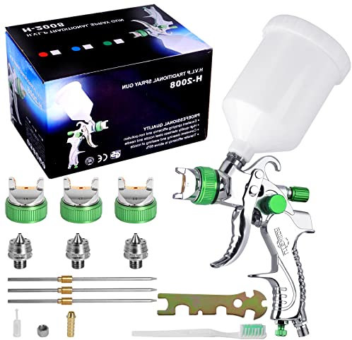 Pistolet à Peinture Professionnel HVLP à gravité 600CC avec 3 Buses 1.4 mm 1.7 mm 2.0 mm pour réparation de Voiture Kit de Peinture à l'aérographe (Vert)