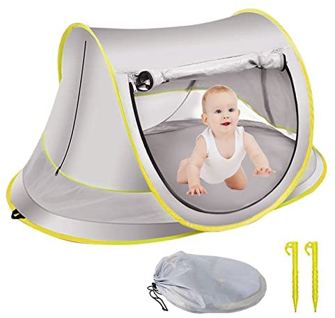 Baby Strandmuschel Strandzelt, Pop-up Baby Strand Zelt, Tragbar Extra Light Strandzelt, Sonnenzelt, UV50+ Schutz Perfekt für Familie Strand Camping, Wanderausflug, Garten, Grillparty (Grau)