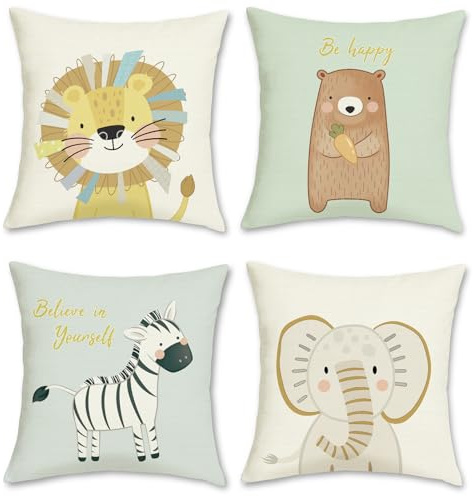 Bonhause Tecknade djur kuddfodral 45 x 45 cm lejonbjörn zebra elefant polyester linne dekorativa kuddöverdrag för soffa bäddsoffa hem uteplats utomhus dekor set med 4