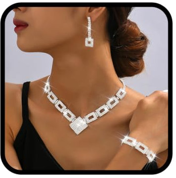 Fashband Kristall-Braut-Hochzeitsschmuck-Set, silberne Strasssteine, Halskette und Ohrringe, formeller Modeschmuck für Frauen und Bräute (S-3, Einheitsgröße)