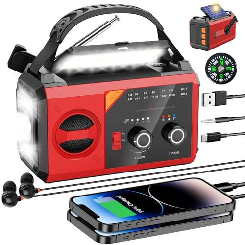 Kurbelradio, Notfallradio mit 27000 mAh Akku, AM/FM Solar Radio, Handkurbel Blackout Notfallausrüstung mit 3 Modi LED Taschenlampe, Leselampe, SOS Alarm, Kompass für Camping, Ourdoor, Notfall(Rot)