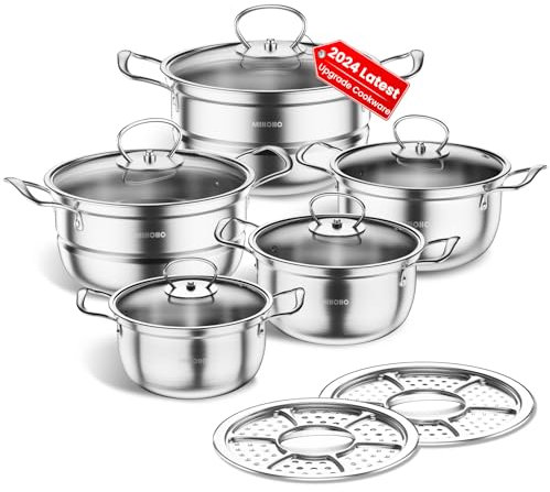 Stainless Steel Cookware Set, 12 Piece Kitchen Induction Cookware Set, Works with Induction/Electric and Gas Cooktops, Kitchen Cooking Set with Glass Lid (Silver E)
