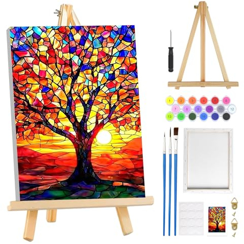 MOGTAA Kit per dipingere con i numeri, albero della vita, per adulti e principianti, con cornice, paesaggio con alberi, kit per adulti su tela con cavalletto, facile kit di pittura a olio fai da te