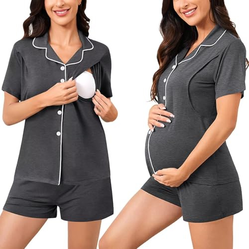 SWOMOG Womens Maternity Nursing Pajama Sets Breastfeeding Sleepwear Postpartum Lounge Sets Double Layer Short Sleeve Top & Shorts Button Down Pjs Deep Grey
