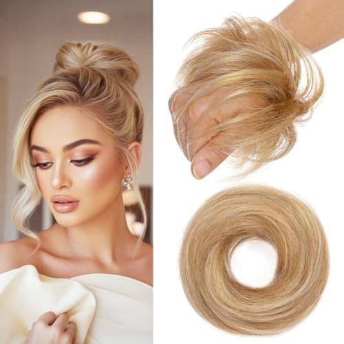 MY-LADY Haarteil Mit Gummiband Dutt Haarteil Haargummi Mit Haaren Glatt 100% Echthaar, Hochsteckfrisuren Haarverlängerung für Damen Mädchen (#12p613 Goldbraun&blond,17g)