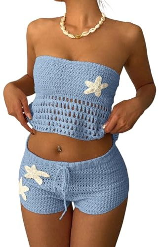 Geagodelia Ensemble Crochet Ajouré Femme 2 pièces d'été - Tube Top Débardeur Tricoté sans Bretelles+ Short Mini à mailles Taille Élastique (Bleu, M)