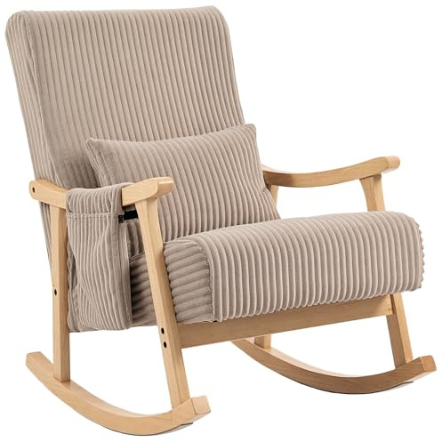 HOMCOM Silla Mecedora, Mecedora de Pana con Cojín Lumbar, Patas y Reposabrazos de Madera, Asiento Ancho, Bolsillo, Estilo Moderno, Sillón de Relax, Carga 120 kg, para Dormitorio, Salón, Marrón Claro
