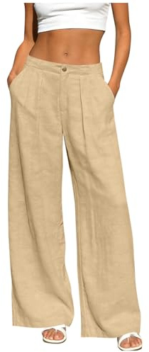 Linen Trousers for Women, High Waisted Loose Straight Wide Leg Palazzo Trousers with Pockets, Lightweight Breathable Casual Work Yoga Vacation Beach Summer Pants for Ladies