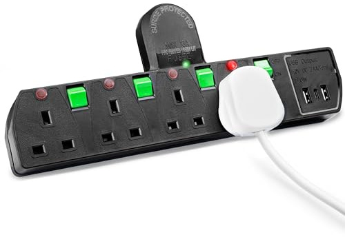 Duronic Plug Adapter with USB S125B 4 Way Multi Plug Adapter for UK Plugs Surge Protected 3kW Power Extension Adapter with 2.4A USB Ports & 1 USB-c Port Black Multi Socket with Switches