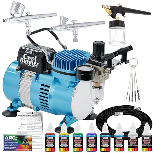 3 Airbrush Kit with 6 U.S. Art Supply Primary Airbrush Colors and Master Airbrush TC20 Pro Airbrush Compressor - Air Filter/Regulator- Airbrush Holder - 2 Gravity Feed Dual Action Master Airbrushes and 1 Suction Master Feed Airbrush and a How to Airbrush Instructional Guidebook and Airbrush Cleaning Brushes by Master Airbrush