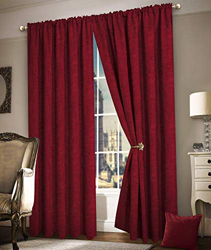 46 x 90 Plain Burgundy/Wine Chenille Heavy Thermal Fully Lined Pleated Curtain Pair