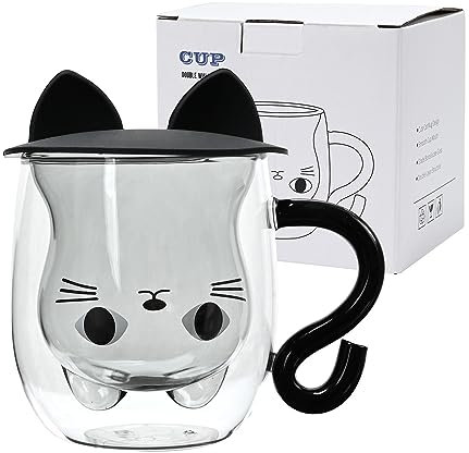 Cymax Tasse Chat avec Deckel, Tasses en verre isolé à double paroi, 250 ml Tasse à Café,Tasse Espresso,Tasse en Verre Chat Mignon pour pour anniversaire Saint Valentin Noël Cadeau