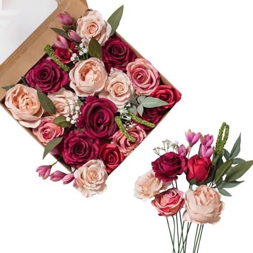 FANKO Rose Artificial Flowers Combo for DIY, Fake Red Rose Silk Flowers Greenery, Faux Flowers for Wedding Bridal Bouquet, Table Centerpieces, Floral Arrangement, Party Home Decoration