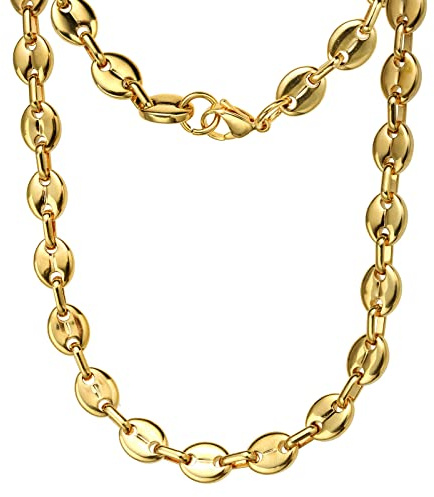 HIJONES Stainless Steel Coffee Beans Chain Necklace for Men Women Chunky Hip Hop Gold Necklace 11mm Wide 28 Inch