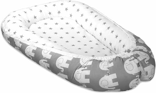 Babymam Baby Double-Sided Soft Nest Bed Elephants grey/Small Grey stars on white