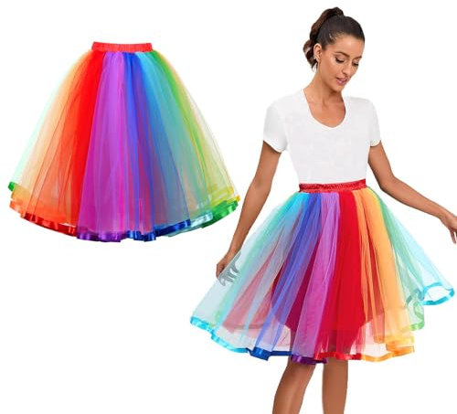 AUYAO Damen 50er Regenbogen Tütü, Mehrschichtiger Elastischer Taillen für Erwachsene, Karneval, Halloween, Kostümparty, Mottoparty
